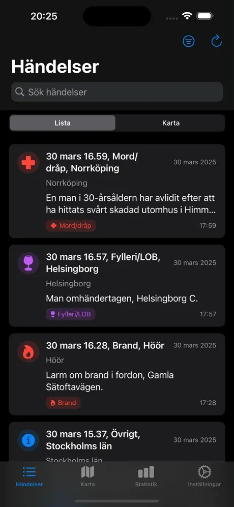 Blåljus Sverige — händelselista med polishändelser i realtid