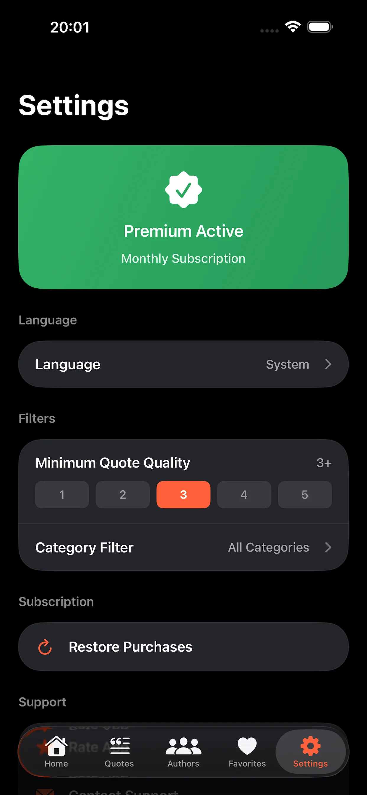 World of Quotes app settings screen - Customize notifications and preferences