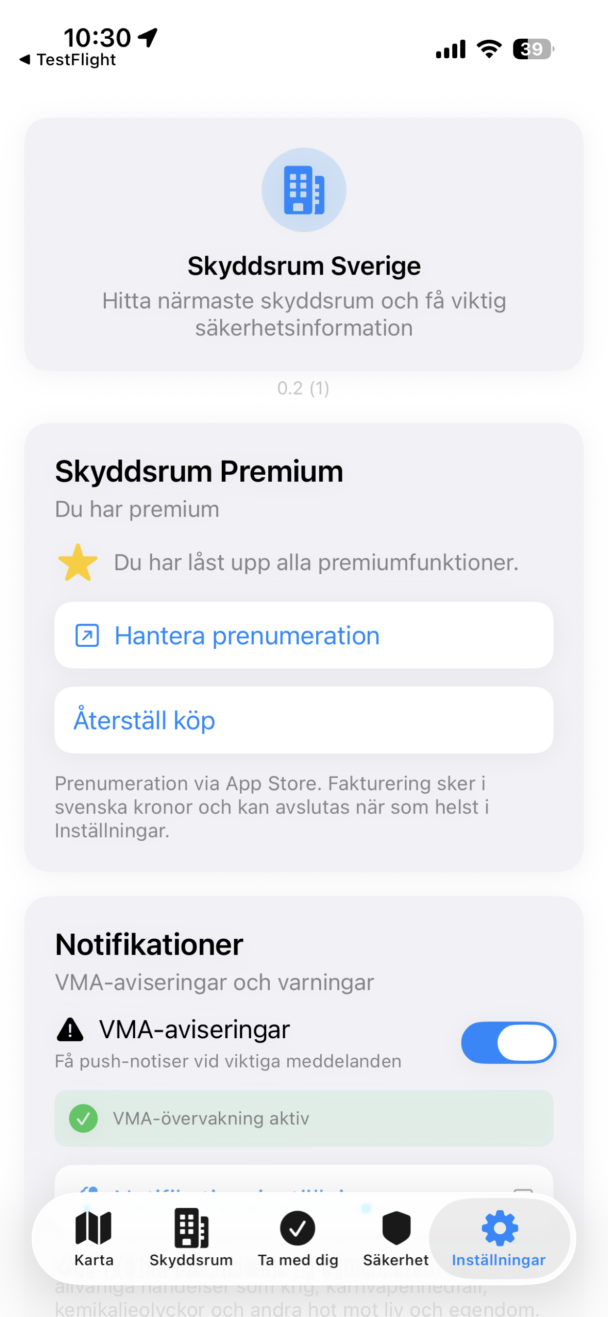 Skyddsrum Sverige app inställningar - anpassa notiser, kartvyer och integritetsinställningar